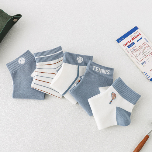 New boys' tennis racket low-top socks blue striped letters sports cotton socks shallow mouth boat socks college style socks