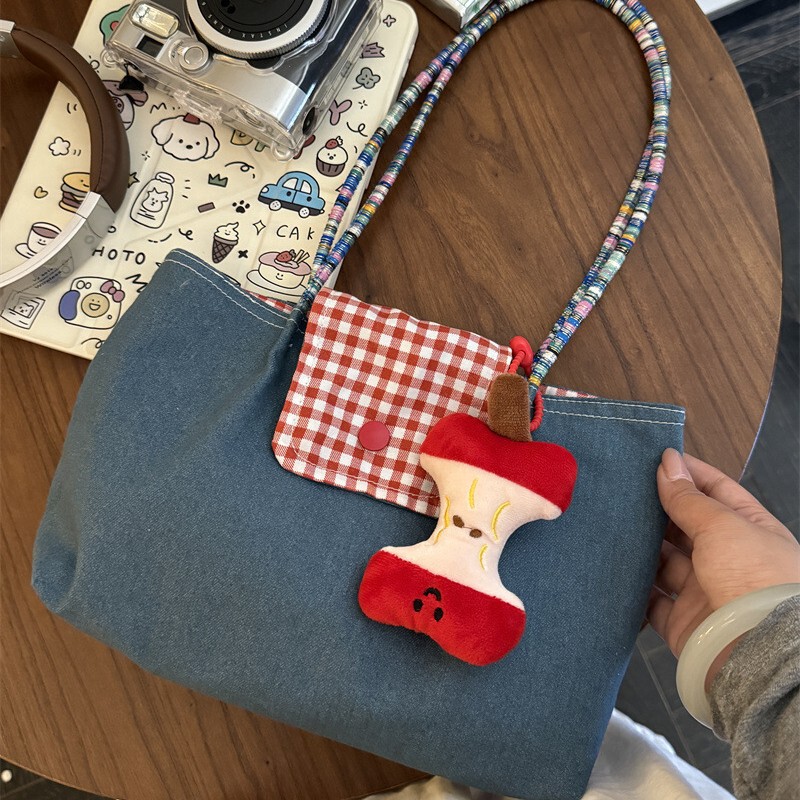 New 2025 Large Capacity Denim Shoulder Portable Plaid Canvas Bag Easiest for Match Commuting Retro Casual Tote Bag for Women