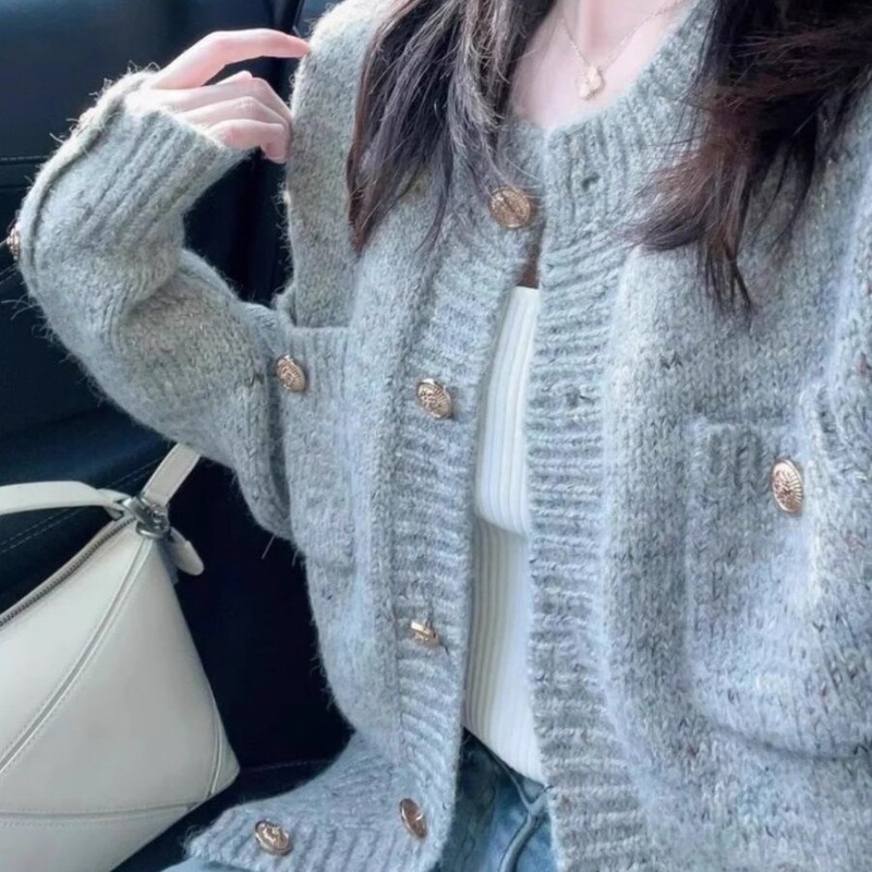 春秋2025新款女针织开衫灰色毛衣短款小个子香风外套外搭上衣|undefined