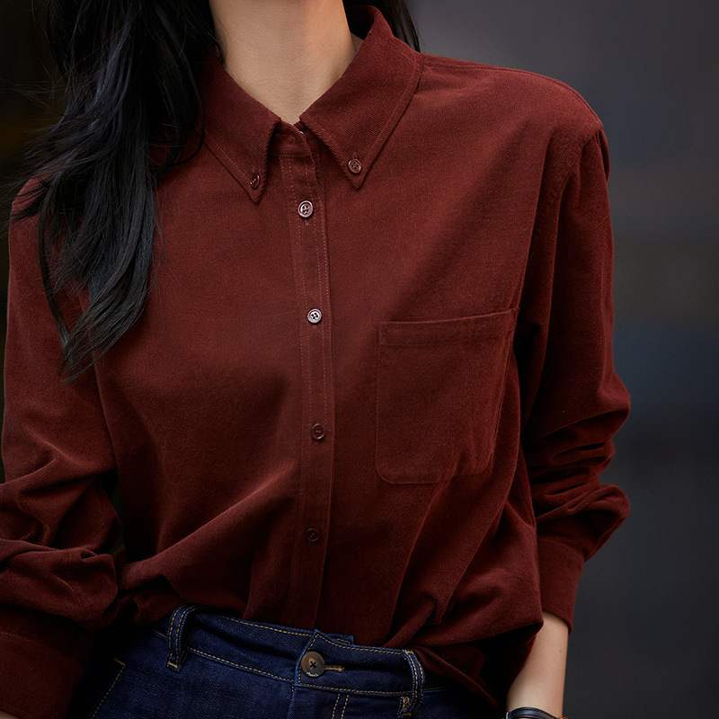 Retro Corduroy Shirt Wool+Cotton Warm Long-Sleeved Spring & Fall Women's Shirt Burgundy Spring Top Jacket