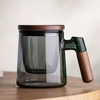 高硼硅玻璃大容量泡茶三件杯 木盖绿茶花茶杯 办公室茶水分离杯