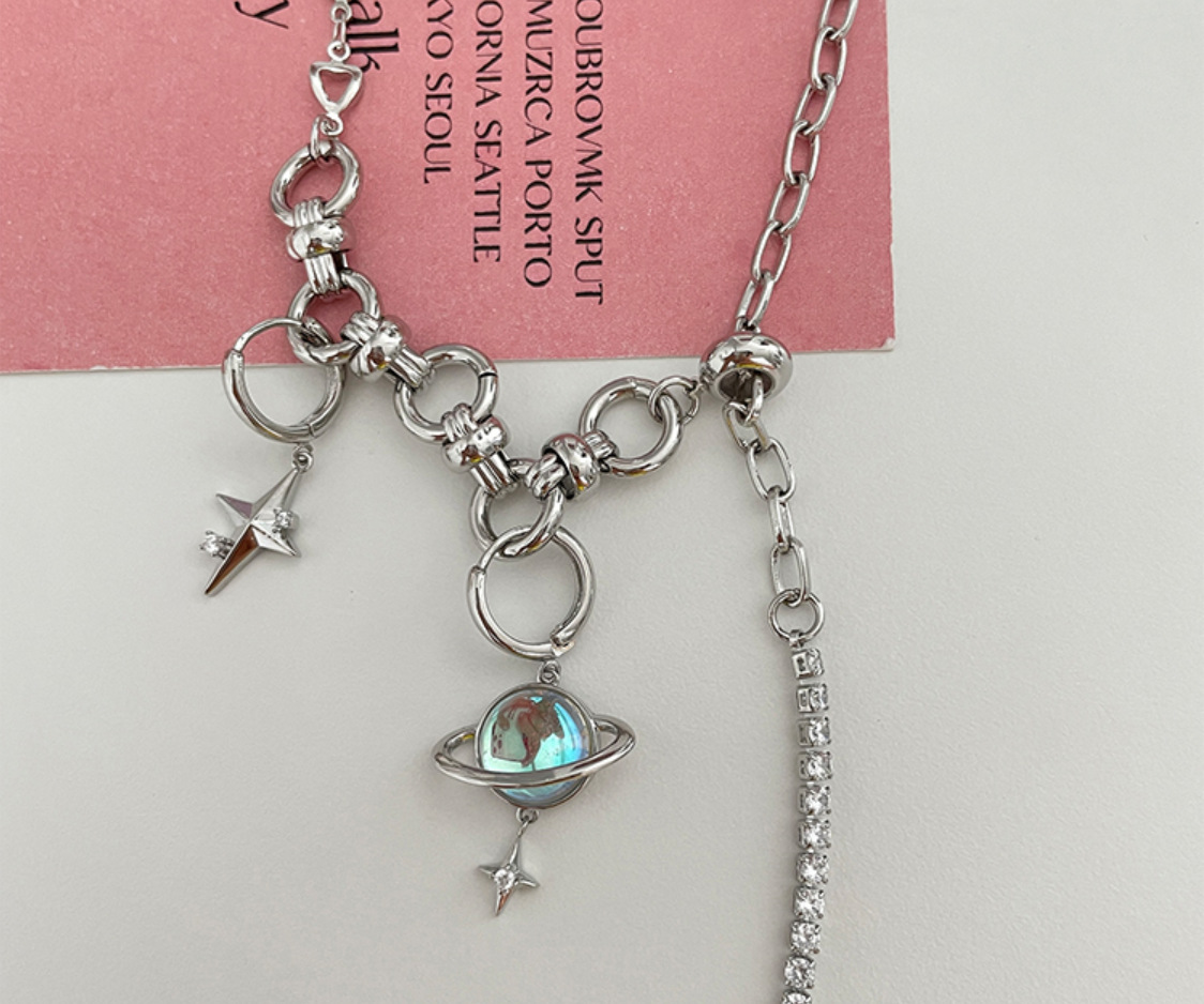 Streetwear Star Planet Titanium Steel Choker Inlay Artificial Gemstones Stainless Steel Necklaces