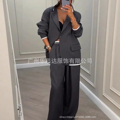 25秋季新款亚马逊独立站欧美跨境女装拼接罗纹长袖西装西裤套装