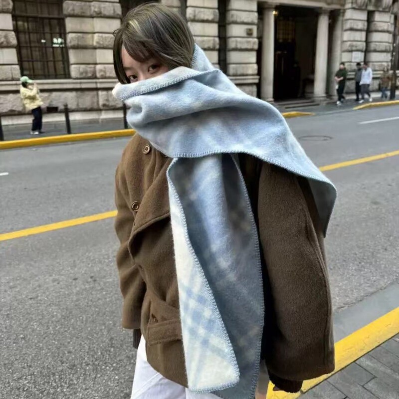 全智贤同款复古黑白格子围巾女冬韩系氛围感拼色双面保暖围脖披肩|undefined
