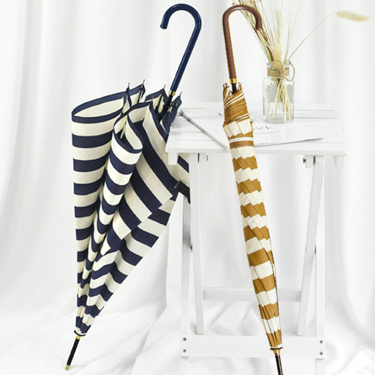 Japanese-Style Minimalist Semi-Automatic Dual-Use Umbrella for Students, Lightweight Navy Striped Long-Handle Umbrella, Wholesale in Stock