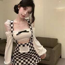 蕾丝花边棋盘吊带连衣裙女包臀短裙甜新款纯欲风长袖两件套格辣妹