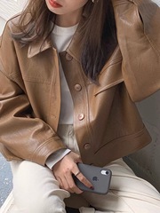 韩国chic秋季小众帅气翻领单排扣宽松休闲长袖机车服皮衣短外套女
