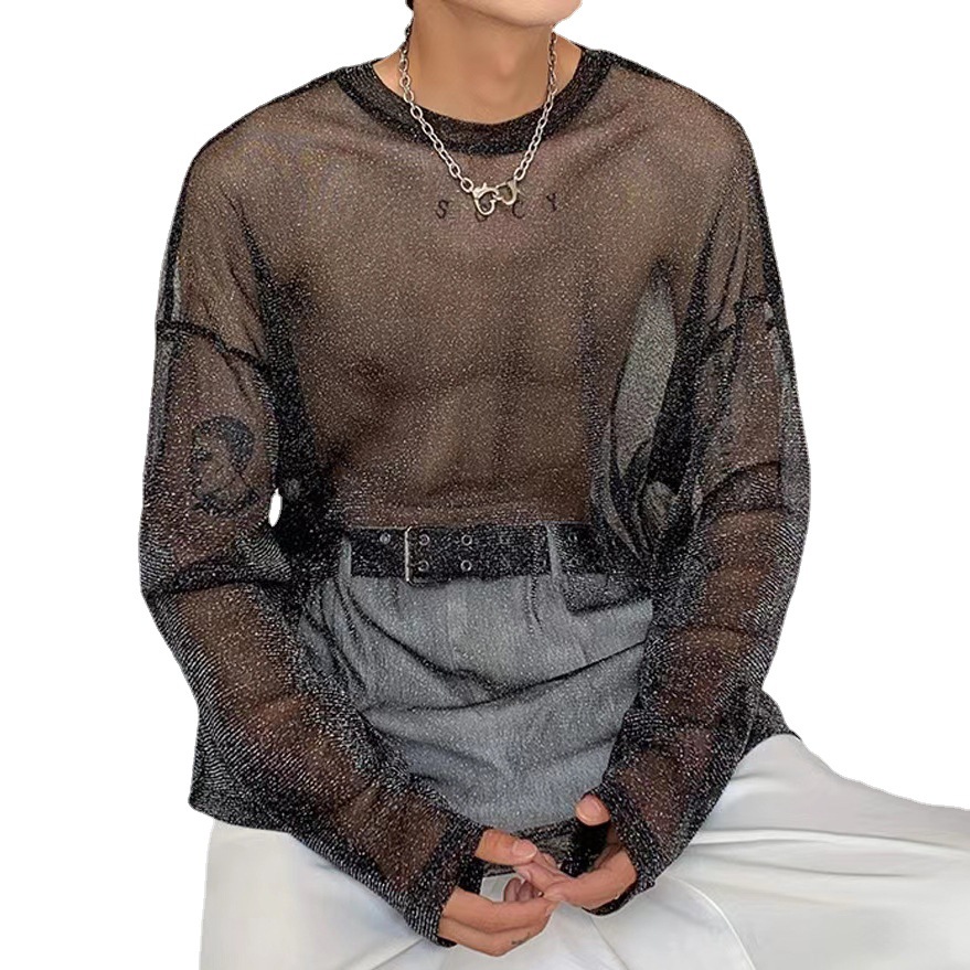 Long Sleeve Drop Shoulder See-through Mesh Bottoming Shirt