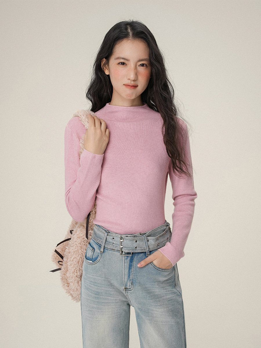 Jiyou スタンドアップカラーハイエンドニットボトムシャツとハーフタートルネックセーター女性用秋と冬の新しいソフトワクシートップ