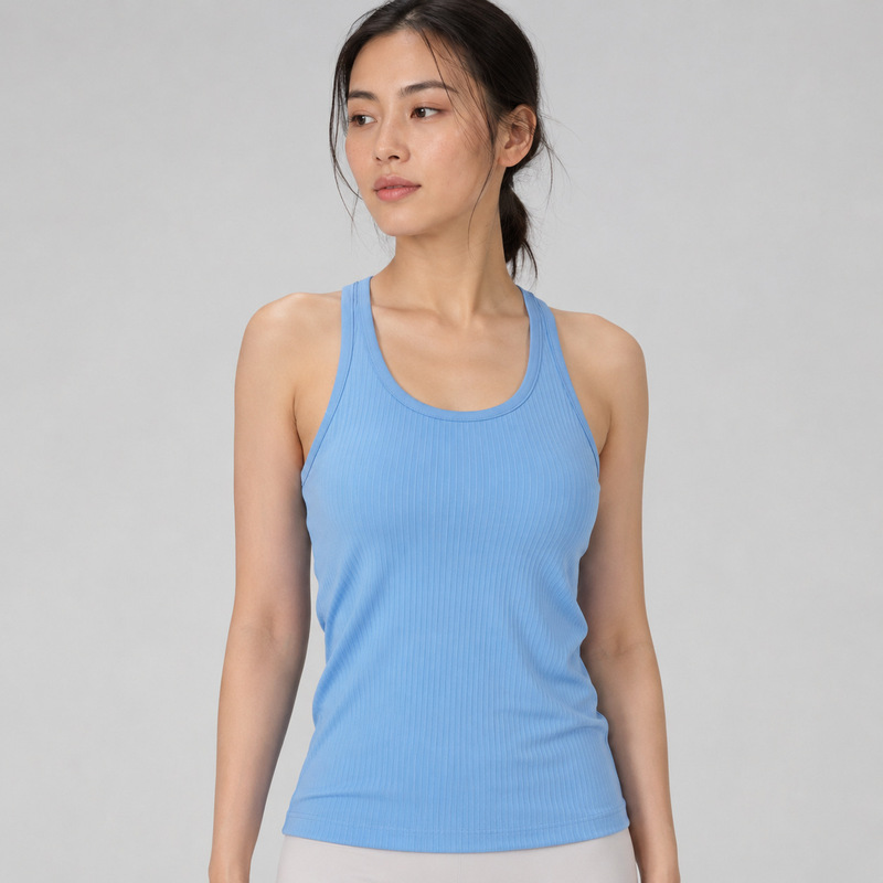 Lulu-Style Ribbed Yoga Tank Top for Women with Chest Pads, Racerback, Quick-Dry, High-Elasticity, Fitness Running Sports Tank Top