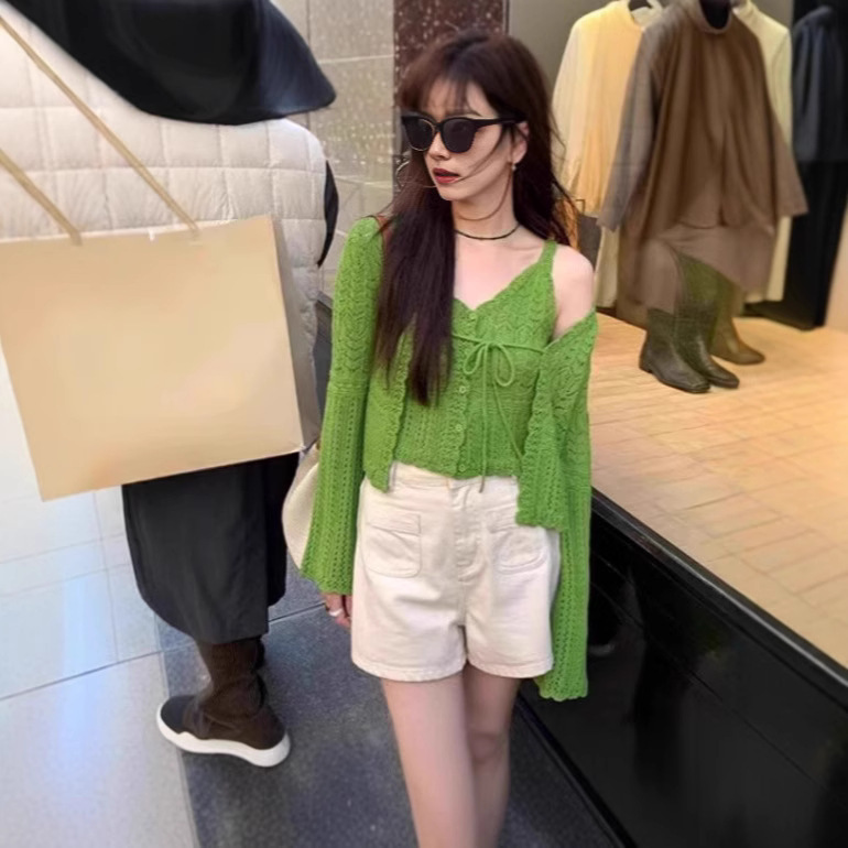 New Korean Style Cut Out Blouse Retro V Neck Cardigan Lace-Up Jacket/V Neck Camisole Knitwear for Women