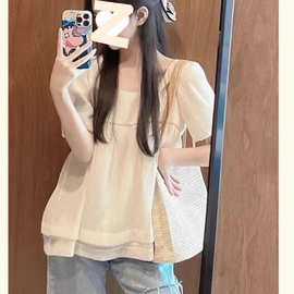 方领短袖雪纺衬衫女夏季新款宽松时尚洋气荷叶边孕妇装上衣