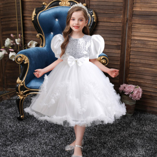 New Cross-border Children's Dress Lace Bow Sequin Princess Pontu Dress One-year-old Dress Holiday Dress Performance Dress