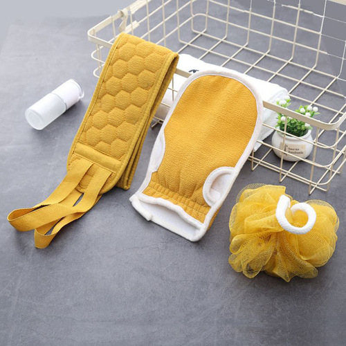 Bath Scrub Set, Shower Sponge and Back Scraper, 3-Piece Scrub Combo, Dual-Sided Mud Scrub Towel, Bath Gloves