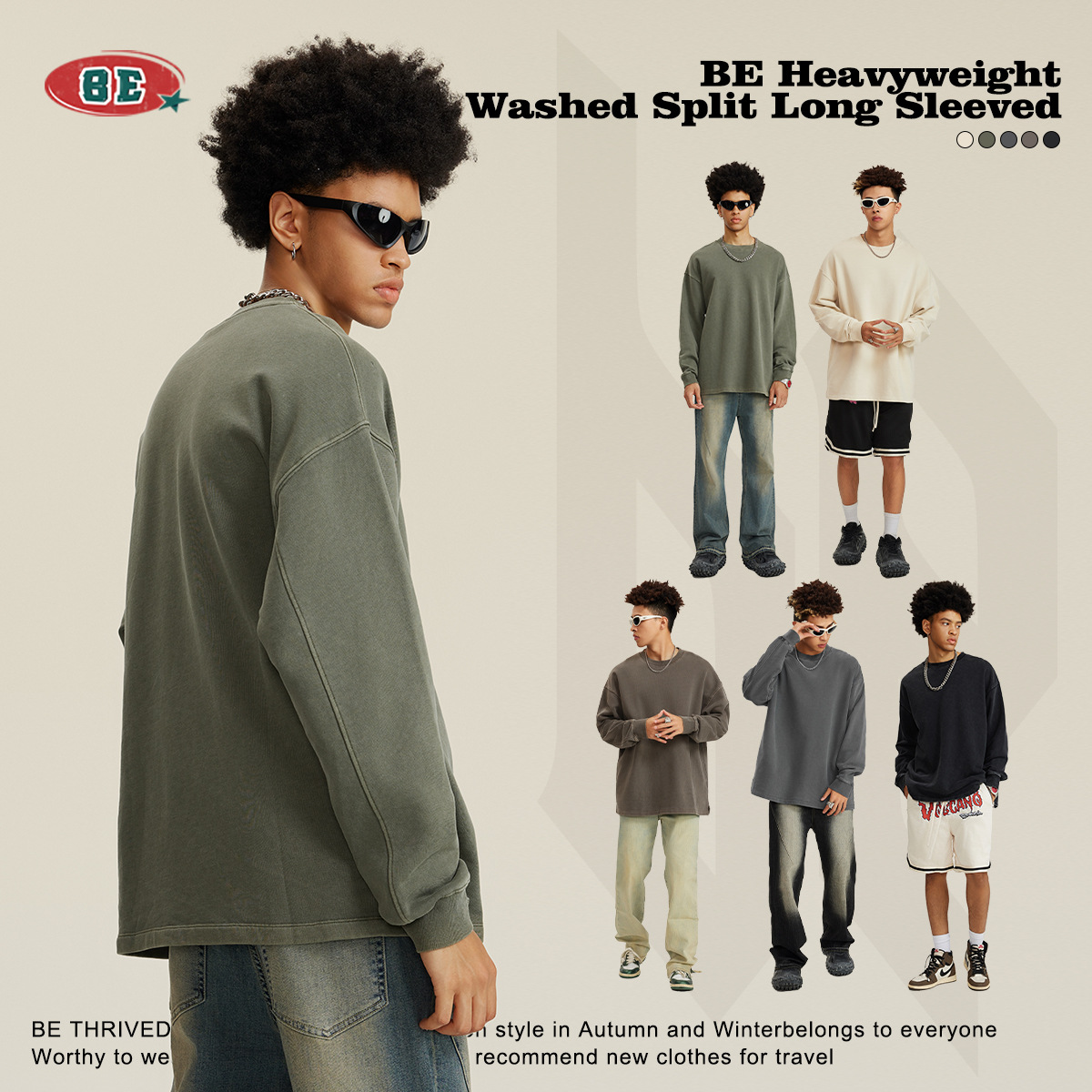 Ropa para Hombre BE | Camiseta de Manga Larga Extra Grande de 460G Lavada, Estilo Retro Americano, Holgada y con Abertura Lateral para Hombre, Otoño/Invierno 2025