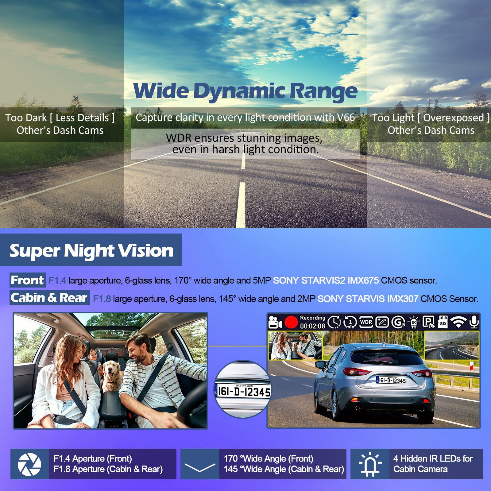 V66Dvr4K Three-Lens Dash Cam with Adas Smart Touchscreen 5.8g Driving Recorder
