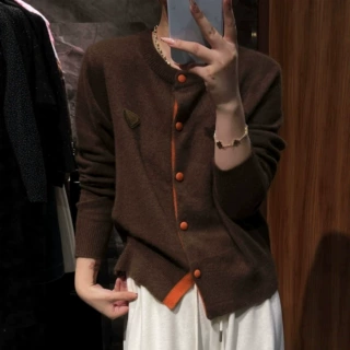 拼色开衫女100纯羊毛衫时尚百搭秋冬新韩系上衣圆领针织女装毛衣