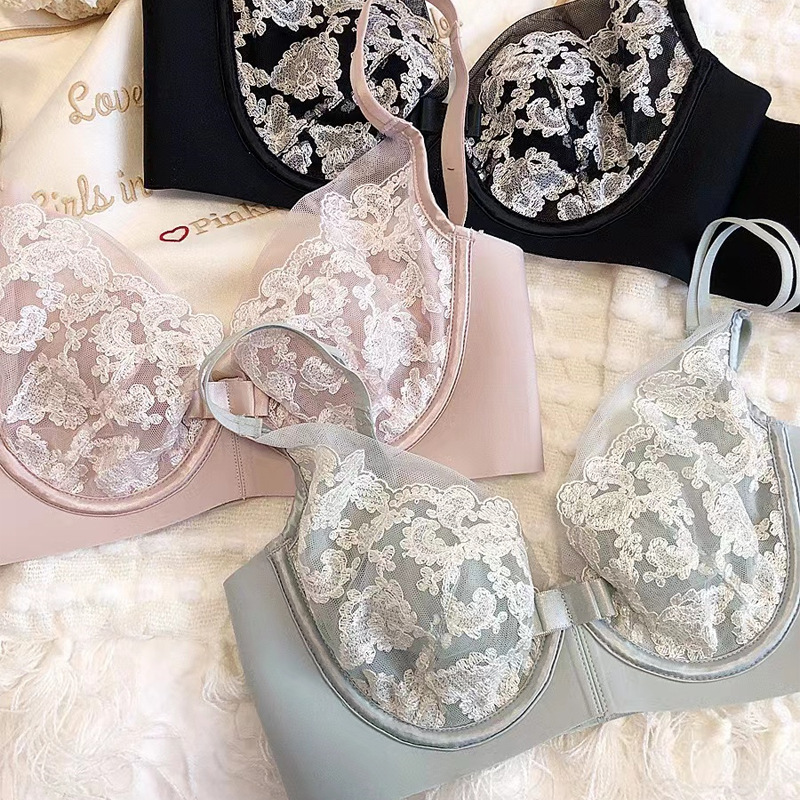 Crystal Cup Steel Ring Large Chest Small Super Thin Pure French Sexy Bra Lace Underwear Panties Set for Women