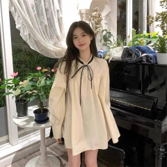 2025秋装大码胖mm甜美宽松设计感撞色系带减龄娃娃款长袖连衣裙女