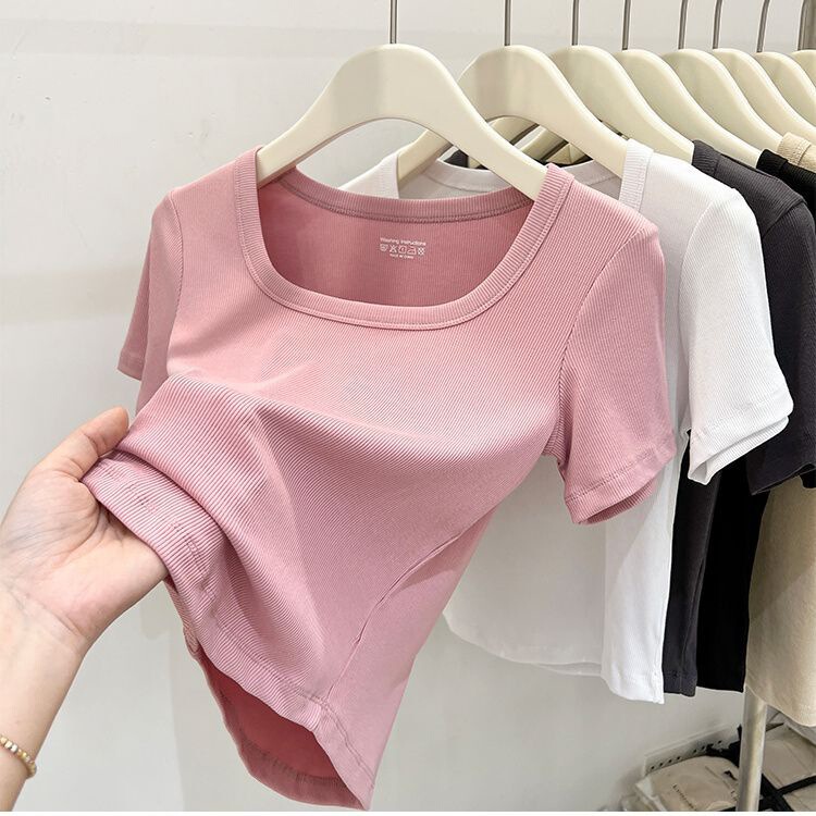 Threaded Right Shoulder Short-Sleeved T-Shirt for Women Summer New Style Clavicle French Square Collar Slim Short Top Women's T-Shirt Half-Sleeved
