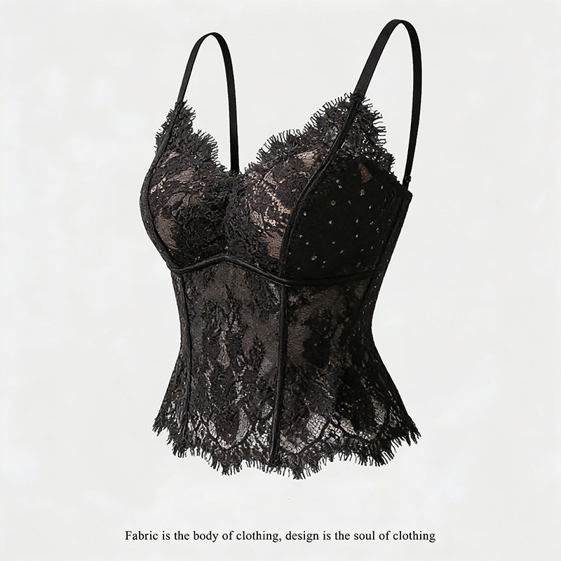 2026 Early Autumn French-style black eyelash lace camisole with built-in bra pads for women
