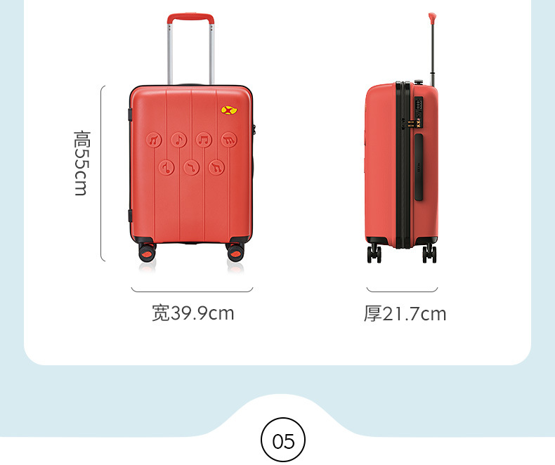 Vali kéo PP siêu nhẹ dung tích lớn, thiết kế họa tiết nốt nhạc thời trang, size cabin 20 inch — Hộp đựng xe đẩy Mango Bird Cherry Powder chi tiết 21