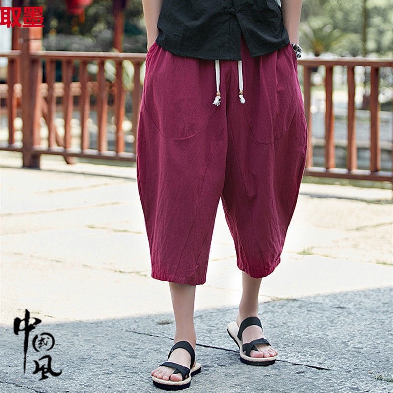 Loose plus size Cotton Linen 7 Capri Pants Trendy Chinese Style Men's Big Pants Pants Fat Man Wide Leg Linen Casual Shorts Summer