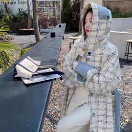 小香风格纹格子毛呢外套女装秋冬2025新款夹棉加厚连帽毛呢子大衣
