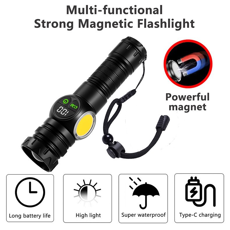 New Magnetic Strong Light Flashlight with Smart Digital Display, White Laser Flashlight, Side Light, Outdoor Emergency Repair Work Light