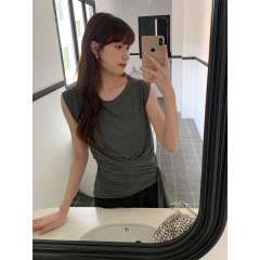 [Ge Ming] 不規則なプリーツラウンドネック Tシャツ女性用 2025 夏新作ルーズトップ XZ1545F