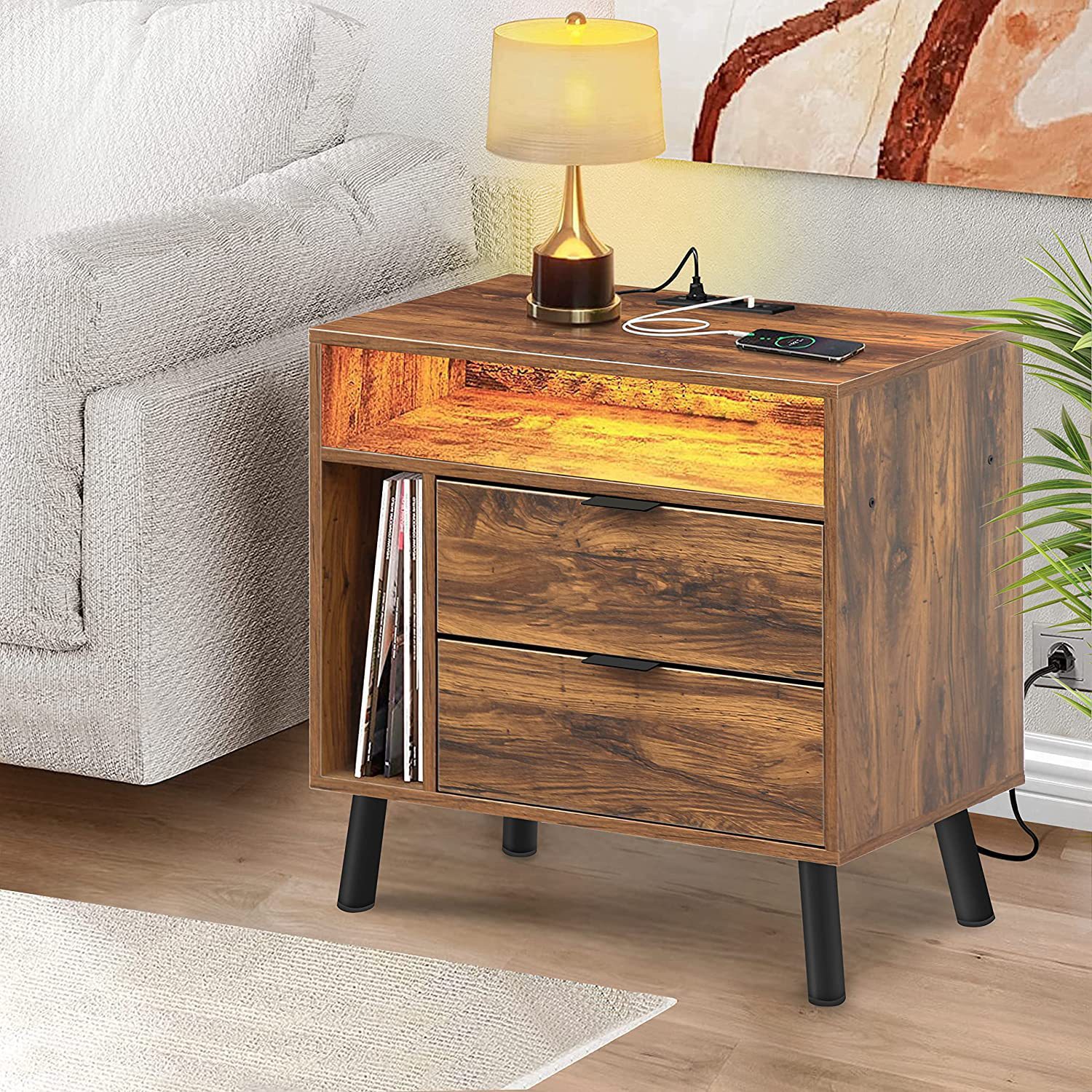 Color-Changing Lamp with American Retro Bedroom Small Technology Sense with Light Panel Multi-Functional Storage Cabinet Smart Bedside Table