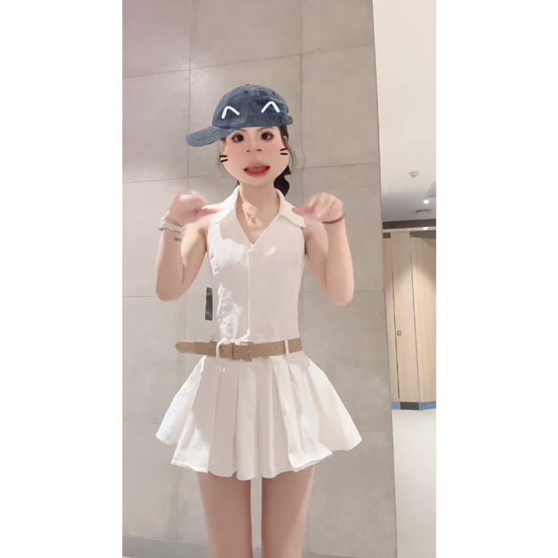 温柔风v领挂脖露背连衣裙女夏季收腰显瘦翻领百褶a字短裙|undefined