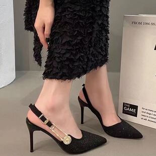 Black Rhinestone High-heeled Shoes Women's 2024 New Pointed Stiletto Heel Metal Buckle Socialite Banquet Baotou Sandals