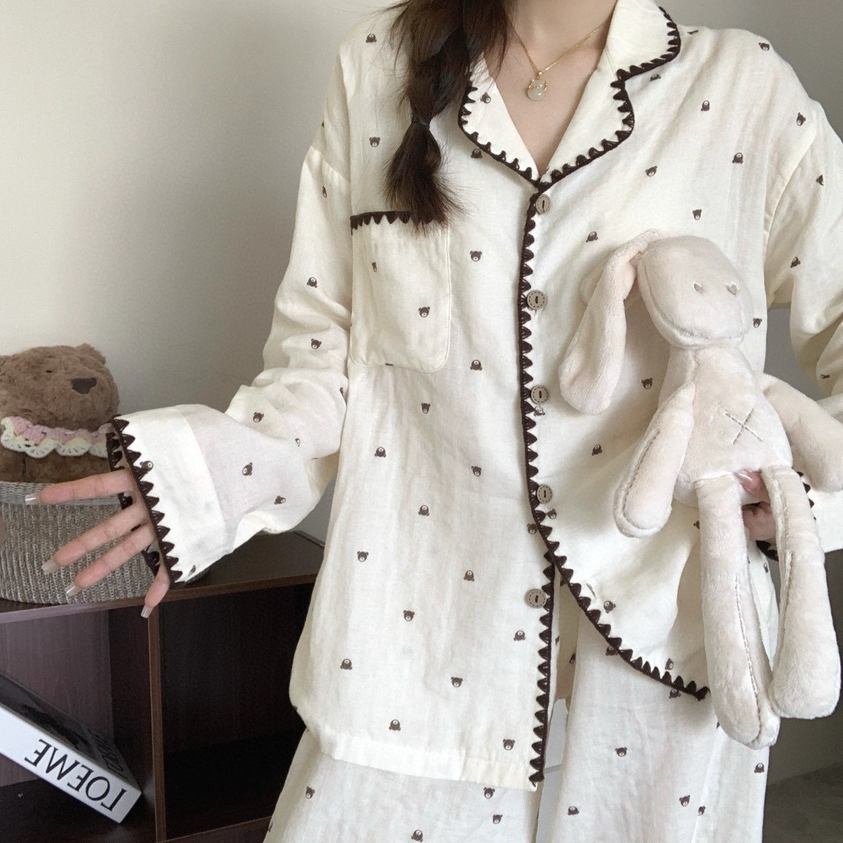 Cocky Kiss 403 # Nude Vitality Home Clothes Set Age-Reducing Cute Lapel Cardigan Soft Waxy Pajamas for Women