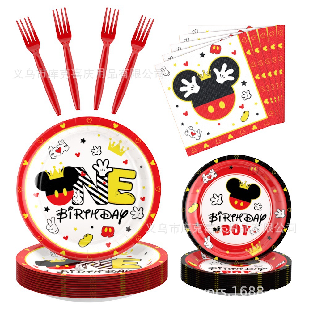 Amazon Black Red Mickey 1 cumpleaños artículos de decoración de fiesta bandeja de papel desechable taza de papel toalla de papel juego de decoración