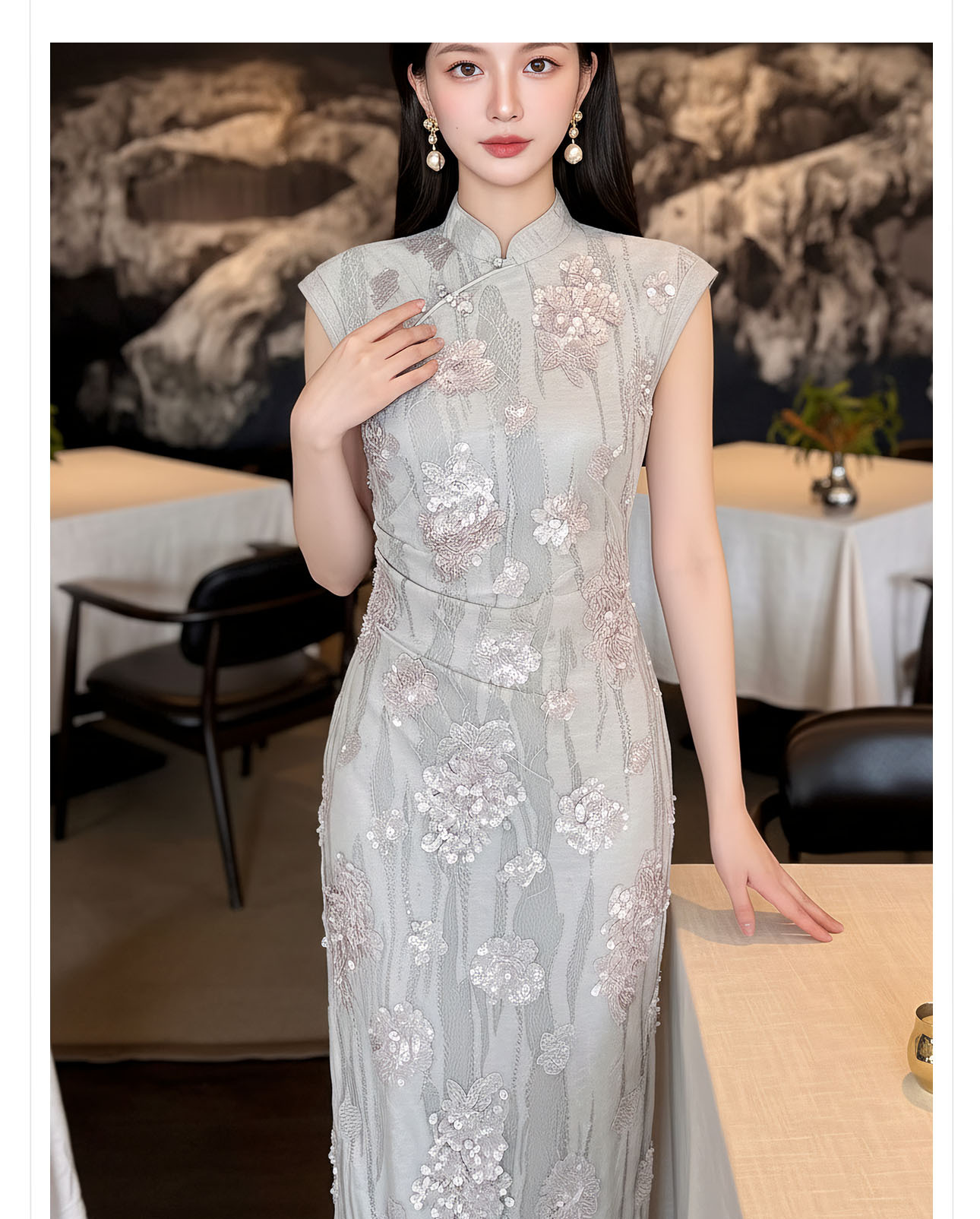Đầm maxi thắt eo phong cách Tân Trung Hoa ren hoa nổi tay lỡ — Xám gạo chi tiết 6