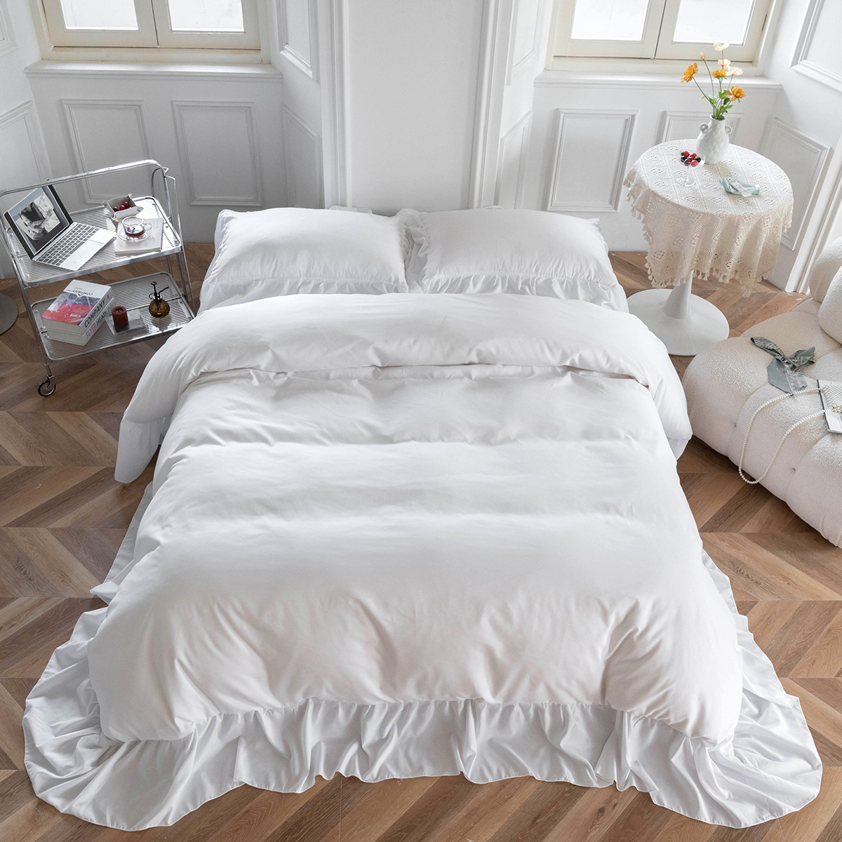 跨境新品亚马逊床上用品工艺款套件磨毛加宽荷叶边被套套件