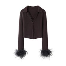 现货2025冬新款修身蕾丝刺绣羽毛装饰针织开衫90601490