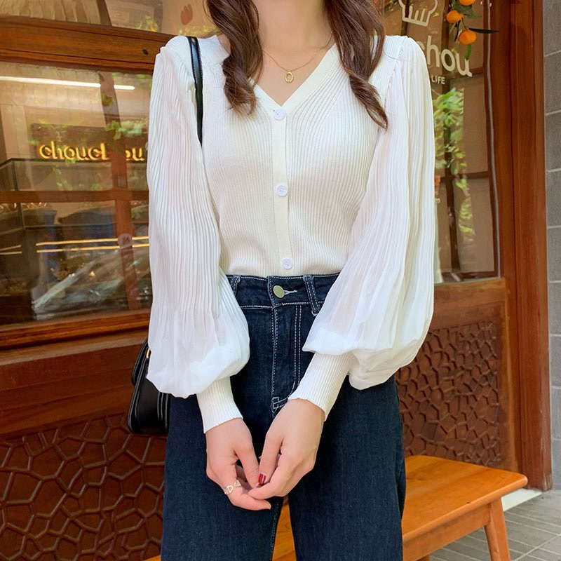 V-neck Puff Sleeve Knitwear Women's Autumn Thin Cardigan Elegant Slim-fit Stitching Long-sleeved Short Sunscreen Top Trendy