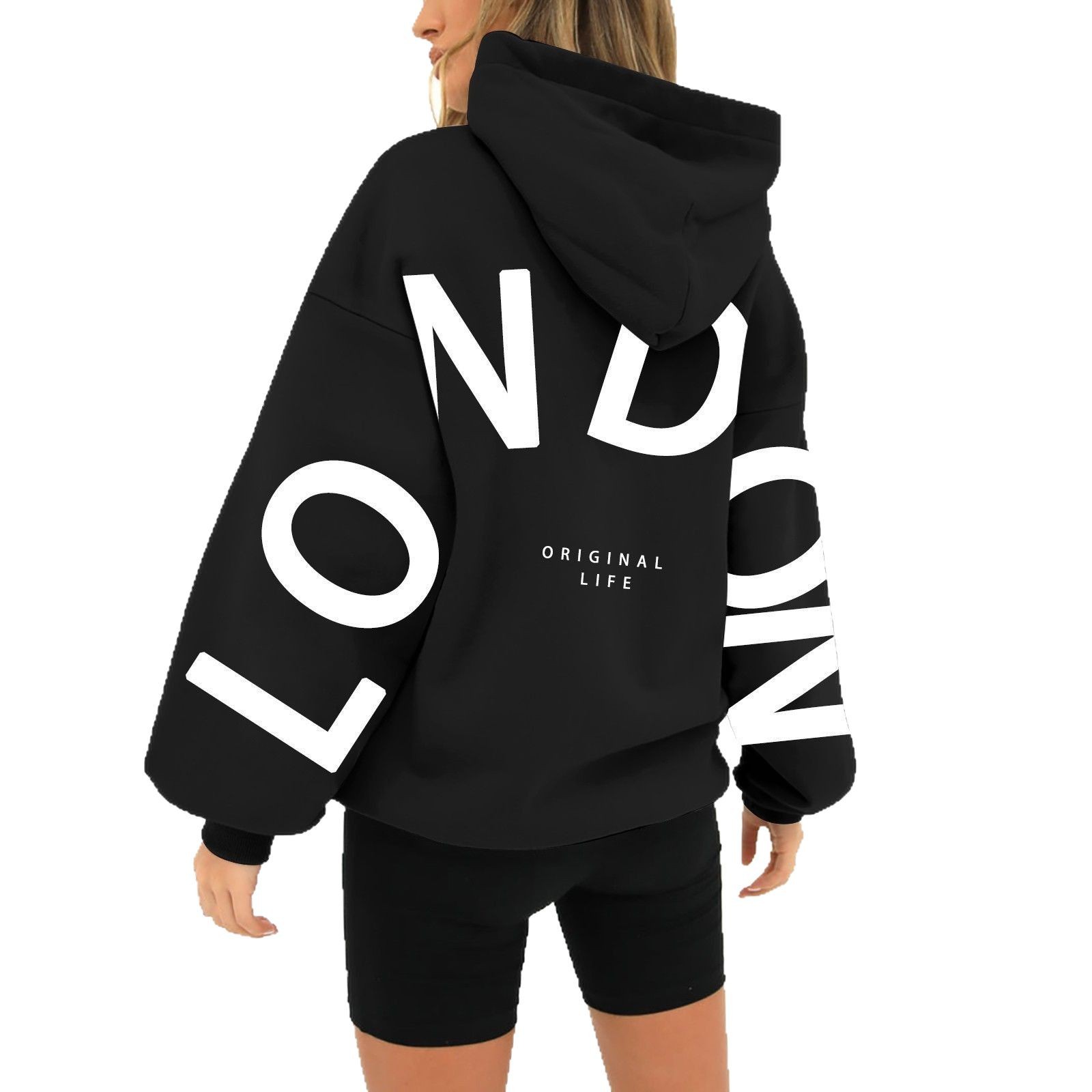 LONDON ORIGINAL Unisex Printed Long Sleeve Loose Plus Size Patch Pocket Hooded Sweatshirt_voghion.com