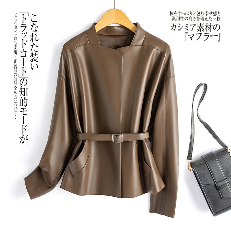 2026 Spring New Haining Genuine Leather Jacket for Women, Short Korean Style Lace-Up Socialite Style Sheepskin Coat