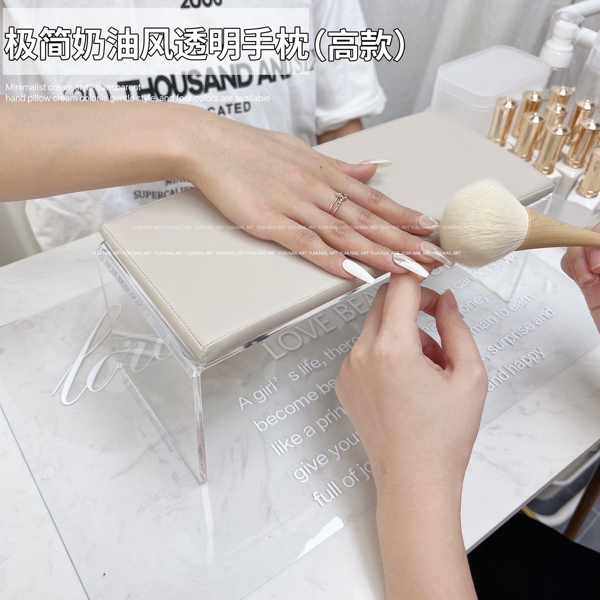 Minimalista manicura mano almohada estera traje acrílico color crema mano soporte fototerapia máquina salón de uñas estilo japonés