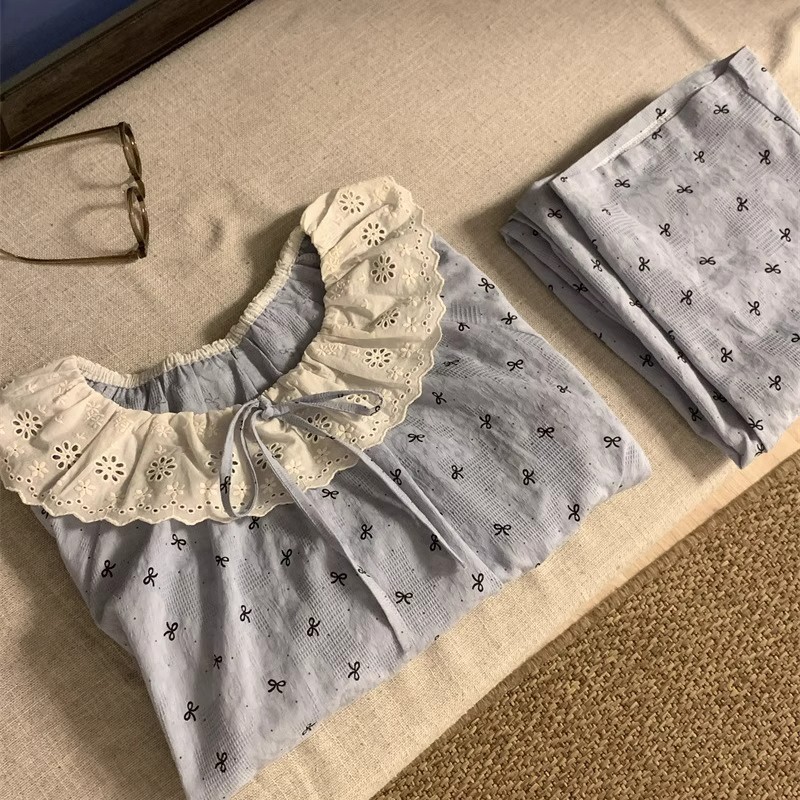 云朵棉 睡衣女春秋甜美大翻领蕾丝花边睡衣女家居服套装|undefined