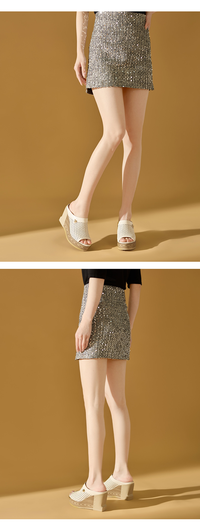 Sandal hở mũi nữ gót nêm đan thoáng mát — màu be, màu đen chi tiết 5