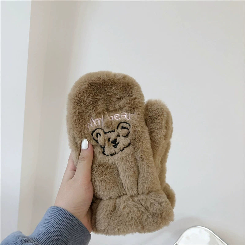 Estilo coreano chica lindo oso guantes de peluche invierno cálido forrado de lana engrosada estudiante lindo manoplas de dibujos animados