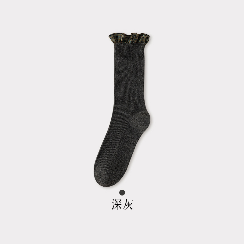 法式花边女袜中筒复古双针木耳边堆堆袜小众设计jK日系美拉德色系|undefined