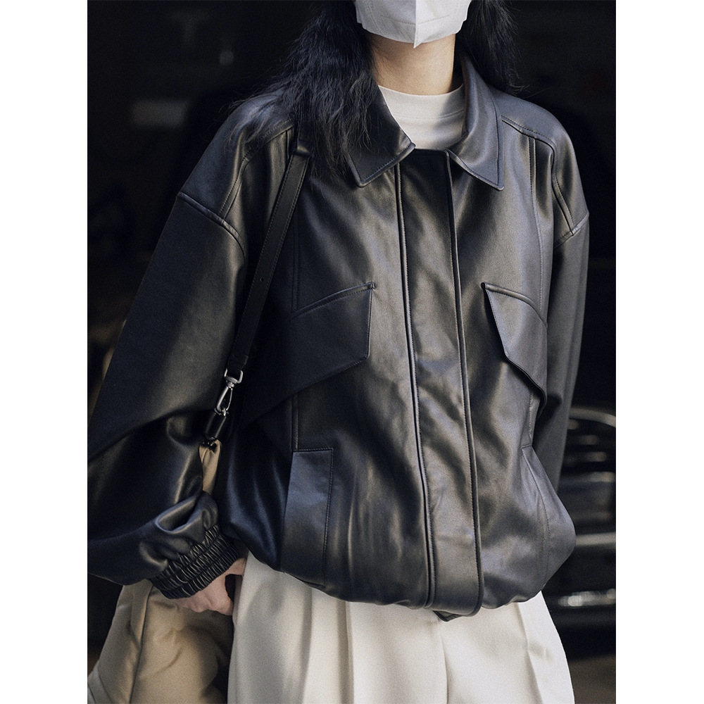 Early Autumn New Korean Style Street Retro Pu Leather Jacket Loose Silhouette Casual Black Motorcycle Top for Women