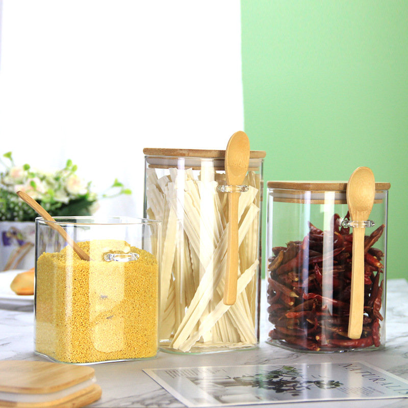 Botella de condimento de estilo japonés cocina frasco de almacenamiento de alimentos frasco cuadrado de vidrio sellado frasco de almacenamiento de granos de café doméstico con cuchara de madera