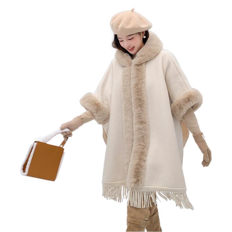 Sciarpa in stile coreano 2025 Autunno/Inverno Nuovo mantello tinta unita Cappotto caldo ispessito Fodera in spugna Ampio collo di pelliccia Mantella con cappuccio_voghion.com