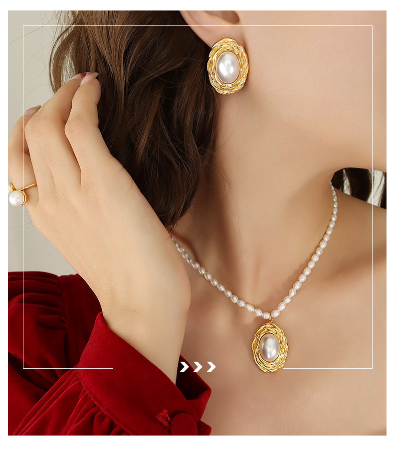 Earrings, Necklace Classification PVD Coated Real Gold Plated 18K Gold Oval 304 Stainless Steel Retro Waterproof Non Tarnish Earrings Necklace